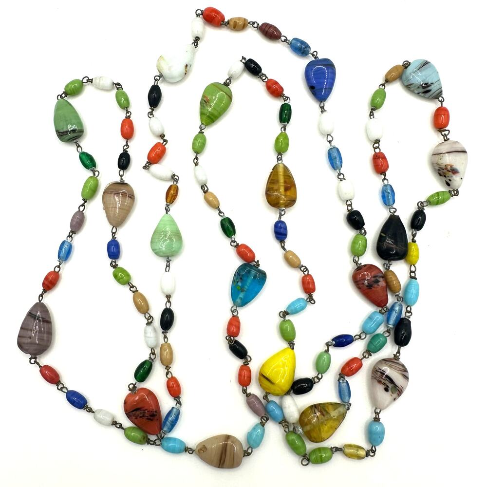 Antique Art Deco Czech art glass multicolor beads beaded brass 50" necklace